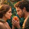 ADAM AND EVE - TEMPTATION IN EDEN - javascapeai.com Adam and Eve face each other in the Garden of Eden while holding fruit, with a large serpent coiled around nearby branches.