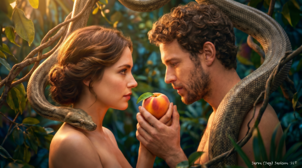 ADAM AND EVE - TEMPTATION IN EDEN - javascapeai.com Adam and Eve face each other in the Garden of Eden while holding fruit, with a large serpent coiled around nearby branches.