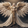 Winged angelic warrior in ornate white-and-gold armor holding a sword amid dark rocky terrain and mist.