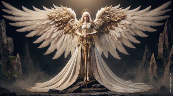 Winged angelic warrior in ornate white-and-gold armor holding a sword amid dark rocky terrain and mist.