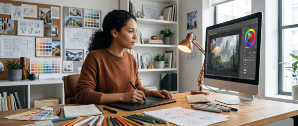 Designer working at a drawing tablet beside a large monitor showing digital artwork, with color palettes, sketches, and mood boards in a bright creative studio.