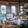 Creative professional wearing a headset while working on digital visual concepts in an industrial studio with design screens, color tools, and holographic interface