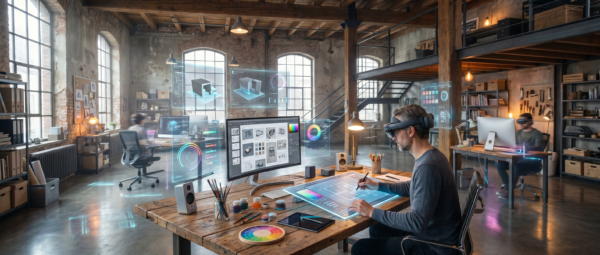 Creative professional wearing a headset while working on digital visual concepts in an industrial studio with design screens, color tools, and holographic interface