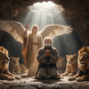 Daniel in the Lions’ Den Daniel kneeling in prayer inside a cave surrounded by lions, with a radiant winged heavenly figure standing behind him.