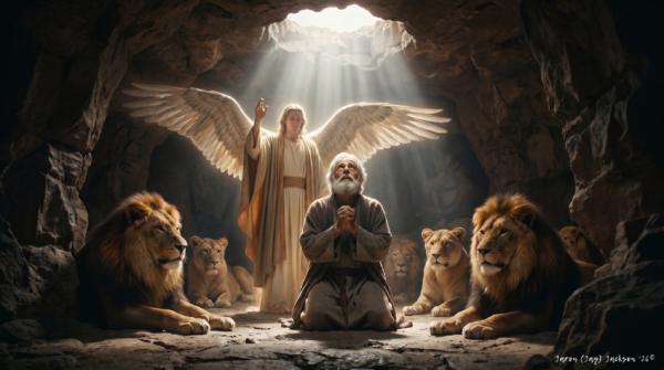 Daniel in the Lions’ Den Daniel kneeling in prayer inside a cave surrounded by lions, with a radiant winged heavenly figure standing behind him.