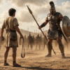 David Facing Goliath Young David holding a sling and stone faces armored Goliath on a dusty battlefield with soldiers behind them.