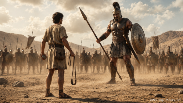 David Facing Goliath Young David holding a sling and stone faces armored Goliath on a dusty battlefield with soldiers behind them.