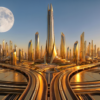 Divine Bible Guide - City of Divine - www.javascapeai.com Glowing heavenly city with golden futuristic towers, sweeping roads, domed buildings, and a large full moon in a peaceful sky.