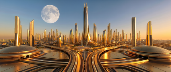 Divine Bible Guide - City of Divine - www.javascapeai.com Glowing heavenly city with golden futuristic towers, sweeping roads, domed buildings, and a large full moon in a peaceful sky.