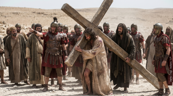 Devine Bible Guide - Jesus Christ Carrying the Cross - www.javascapeai.com A man depicted as Jesus carries a large wooden cross through a desert while Roman soldiers and onlookers surround him.
