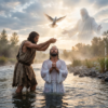 Devine Bible Guide Th.D. - Baptism of Jesus Christ - javascapeai.com - Product Page - FINAL - Copyrighted Biblical depiction of Jesus Christ being baptized in a river, with a dove above and a luminous heavenly figure in the clouds.