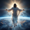 Devine Bible Guide Th.D. Jesus Christ depicted from behind with open arms above the Earth, surrounded by radiant light, clouds, and a starry sky.