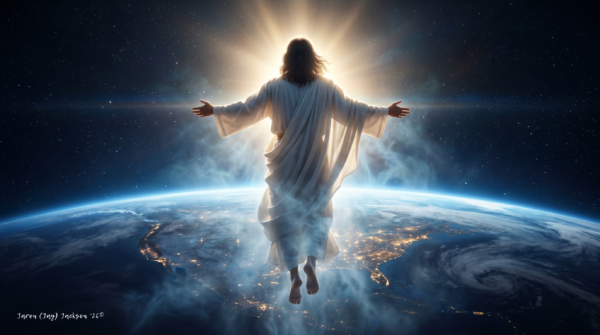 Devine Bible Guide Th.D. Jesus Christ depicted from behind with open arms above the Earth, surrounded by radiant light, clouds, and a starry sky.