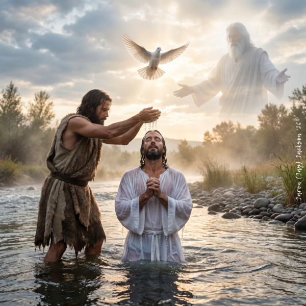 Devine Bible Guide Th.D. - Baptism of Jesus Christ - javascapeai.com - Product Page - FINAL - Copyrighted Biblical depiction of Jesus Christ being baptized in a river, with a dove above and a luminous heavenly figure in the clouds.