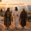 Devine Bible Guide, Th.D. - Road to Emmaus - javascapeai.com Two disciples walk with the risen Christ on a winding road at sunset, with faint scroll imagery in the background.