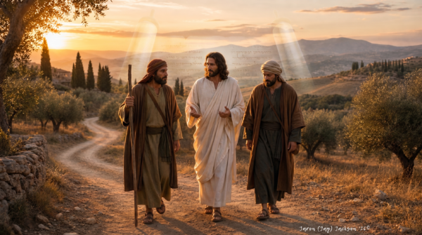 Devine Bible Guide, Th.D. - Road to Emmaus - javascapeai.com Two disciples walk with the risen Christ on a winding road at sunset, with faint scroll imagery in the background.