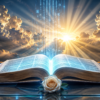 Divine Bible Guide Th.D. - Book of Divine Light - javascapeai.com Open Holy Bible glowing with light, surrounded by clouds, sunbeams, digital code, and a white rose in front.