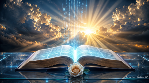 Divine Bible Guide Th.D. - Book of Divine Light - javascapeai.com Open Holy Bible glowing with light, surrounded by clouds, sunbeams, digital code, and a white rose in front.