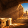 Divine Bible Guide Th.D. - Empty Tomb at Sunrise Empty tomb of Jesus Christ at sunrise with folded burial cloth on a stone slab and three crosses outside.