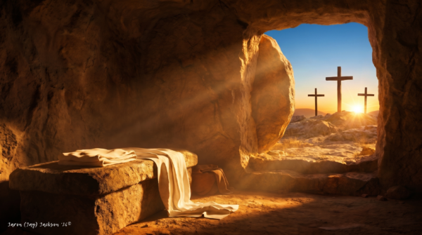 Divine Bible Guide Th.D. - Empty Tomb at Sunrise Empty tomb of Jesus Christ at sunrise with folded burial cloth on a stone slab and three crosses outside.