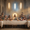Jesus sits at the center of a long table with His disciples during the Last Supper, surrounded by bread, cups, fruit, and radiant light.