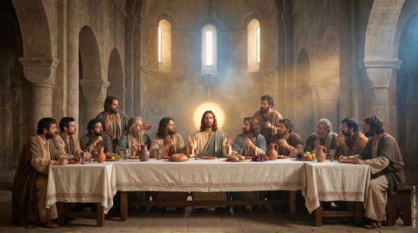 Jesus sits at the center of a long table with His disciples during the Last Supper, surrounded by bread, cups, fruit, and radiant light.