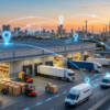 Warehouse loading area with delivery trucks, packages, route markers, and a digital analytics dashboard overlay at sunset.