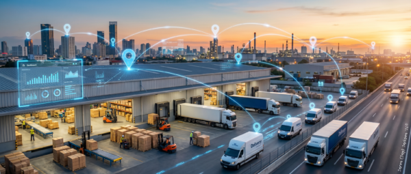 Warehouse loading area with delivery trucks, packages, route markers, and a digital analytics dashboard overlay at sunset.