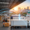 Warehouse workers handling boxes near delivery trucks with digital route markers and an analytics dashboard overlay against a city skyline at sunset.