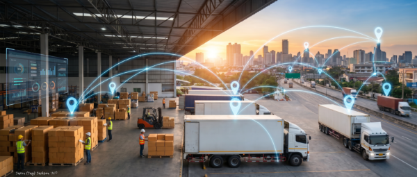 Warehouse workers handling boxes near delivery trucks with digital route markers and an analytics dashboard overlay against a city skyline at sunset.