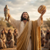 Jesus Christ - JAVASCAPE AI - www.javascapeai.com-2 Fish and 5 Bread Jesus Christ depicted holding a fish and a loaf of bread with followers seated behind Him in a warm desert setting.