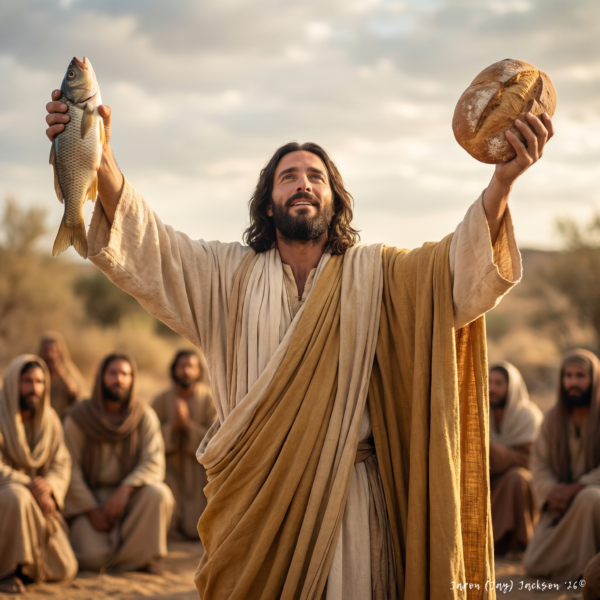 Jesus Christ - JAVASCAPE AI - www.javascapeai.com-2 Fish and 5 Bread Jesus Christ depicted holding a fish and a loaf of bread with followers seated behind Him in a warm desert setting.