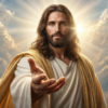 Biblical depiction of Jesus Christ extending His hand in welcome, surrounded by heavenly clouds, radiant sunlight, and golden robes.