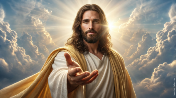 Biblical depiction of Jesus Christ extending His hand in welcome, surrounded by heavenly clouds, radiant sunlight, and golden robes.