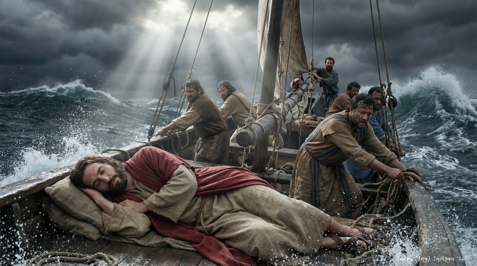 Jesus Christ sleeping in a wooden boat while His disciples struggle during a violent storm at sea.