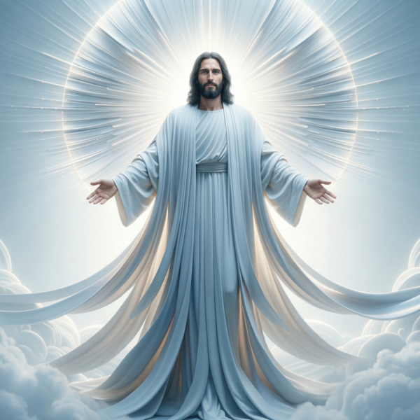 Symbolic digital portrayal of Jesus Christ standing with open arms in flowing white robes, surrounded by radiant light and clouds.