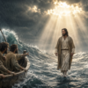 Jesus Walks on Water - JAVASCAPE AI - www.javascapeai.com Jesus walks on stormy water toward disciples in a wooden boat as waves rise and light shines through dark clouds.
