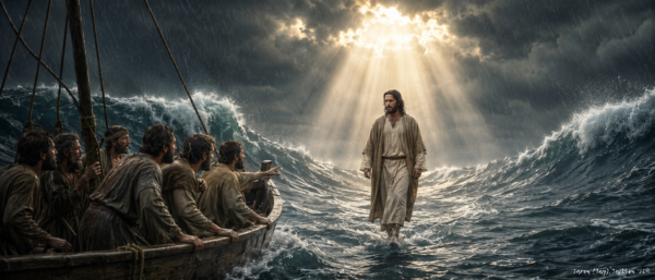 Jesus Walks on Water - JAVASCAPE AI - www.javascapeai.com Jesus walks on stormy water toward disciples in a wooden boat as waves rise and light shines through dark clouds.