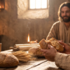 Jesus as “Bread of Life.” - javascapeai.com A robed man breaks bread at a wooden table with loaves, wheat, a cup, and warm light, with a Jesus-like figure seated in the background.