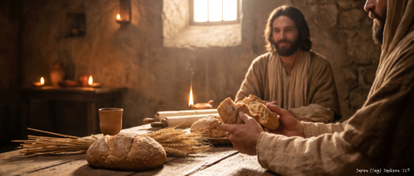 Jesus as “Bread of Life.” - javascapeai.com A robed man breaks bread at a wooden table with loaves, wheat, a cup, and warm light, with a Jesus-like figure seated in the background.