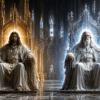 Two radiant robed figures seated on ornate thrones inside a grand cathedral-like hall with golden and blue light.