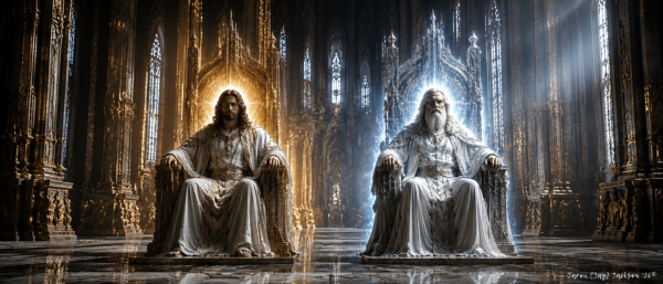 Two radiant robed figures seated on ornate thrones inside a grand cathedral-like hall with golden and blue light.