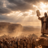 Moses stands on a rocky desert ledge holding two stone tablets before a large crowd, with tents, canyon cliffs, dust, storm clouds, and golden sunlight in the background.