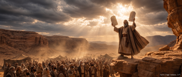 Moses stands on a rocky desert ledge holding two stone tablets before a large crowd, with tents, canyon cliffs, dust, storm clouds, and golden sunlight in the background.