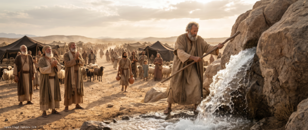Moses strikes a large rock with his staff as water pours out before Israelites, livestock, and tents in the desert.