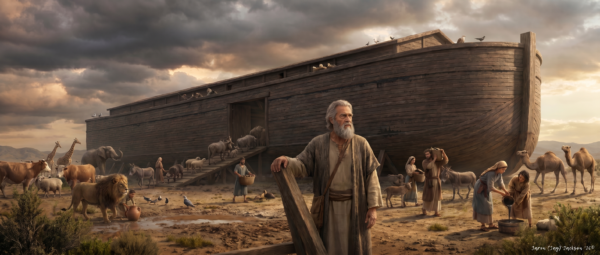 Noah stands before a massive wooden Ark as animals gather nearby and his family prepares supplies under dark storm clouds.