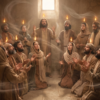 Pentecost - Flames of the Spirit - javascapeai.com Apostles and women followers gather in an upper room with flames of light above them and wind-like motion moving through the room.
