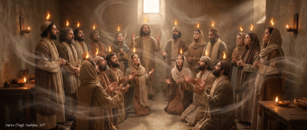 Pentecost - Flames of the Spirit - javascapeai.com Apostles and women followers gather in an upper room with flames of light above them and wind-like motion moving through the room.