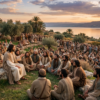 Sermon on the Mount - FINAL - copyrighted Jesus teaching the Sermon on the Mount on a hillside near the Sea of Galilee, surrounded by disciples and a large crowd at sunset.