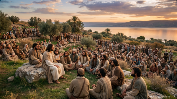 Sermon on the Mount - FINAL - copyrighted Jesus teaching the Sermon on the Mount on a hillside near the Sea of Galilee, surrounded by disciples and a large crowd at sunset.
